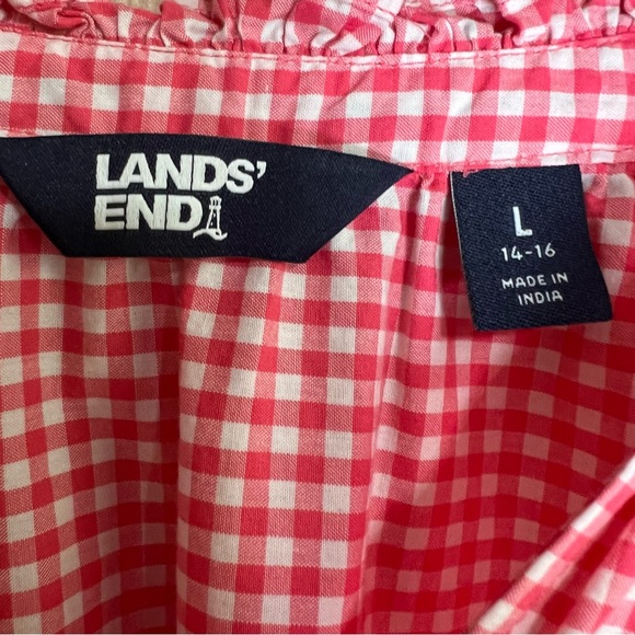 Lands End Pink Gingham Embroidered Peasant Blouse Sz L Eyelet Cottagecore Boho - Picture 6 of 8